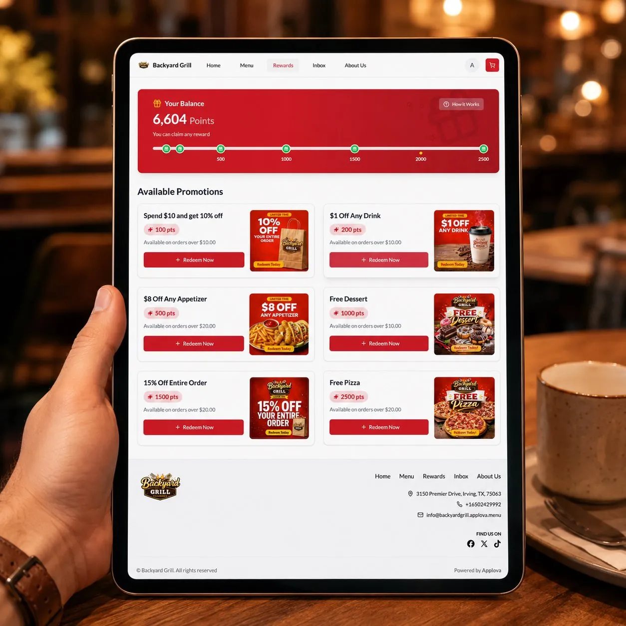 Tablet showing the loyalty rewards section of a restaurant's online ordering website built with Applova
