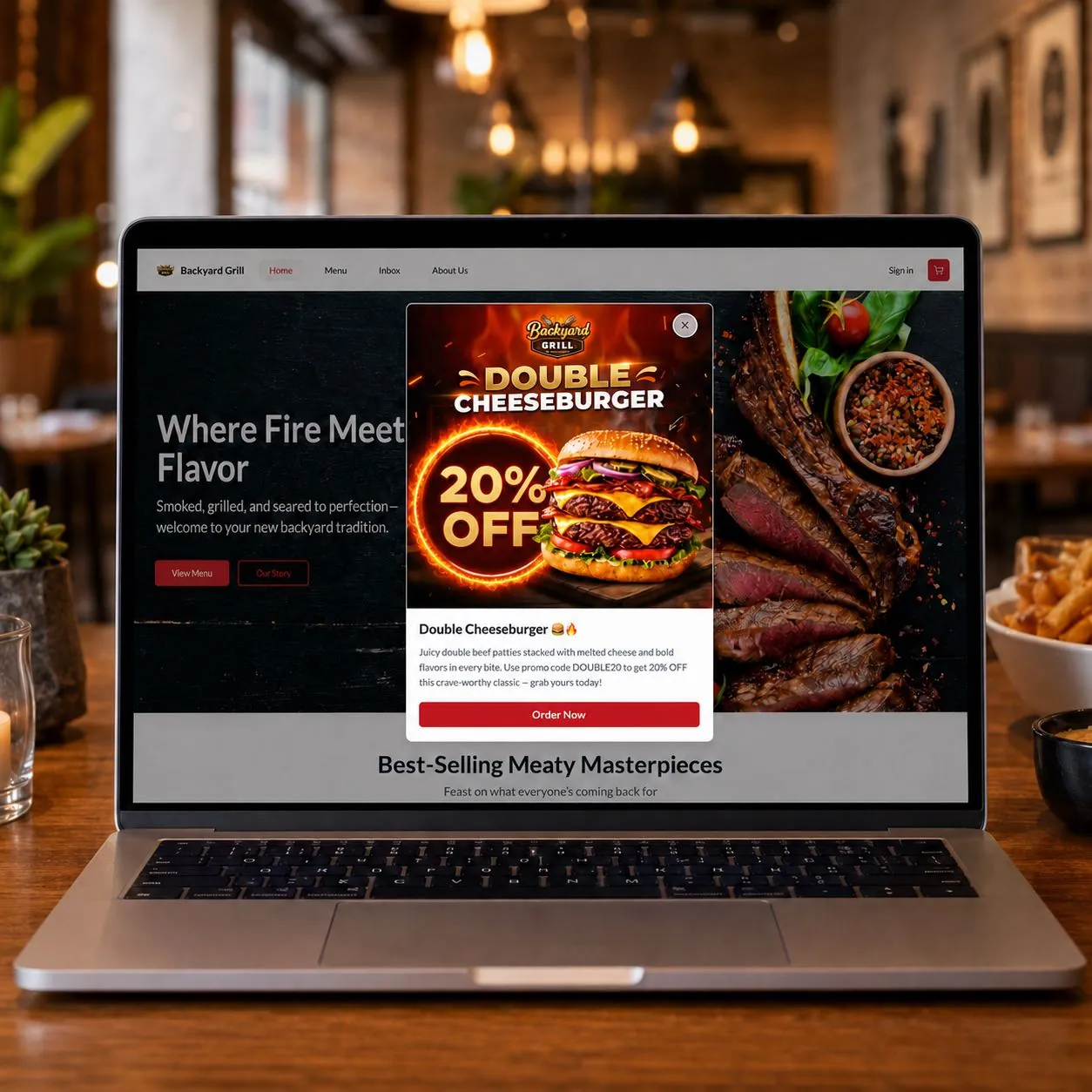 Tablet showing a restaurant website promotional banner and promo code field at checkout, surrounded by fresh ingredients