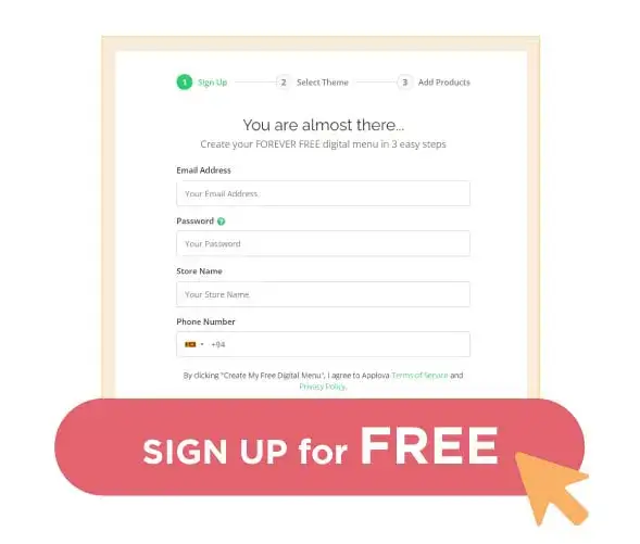 Applova Free QR Menu sign up page